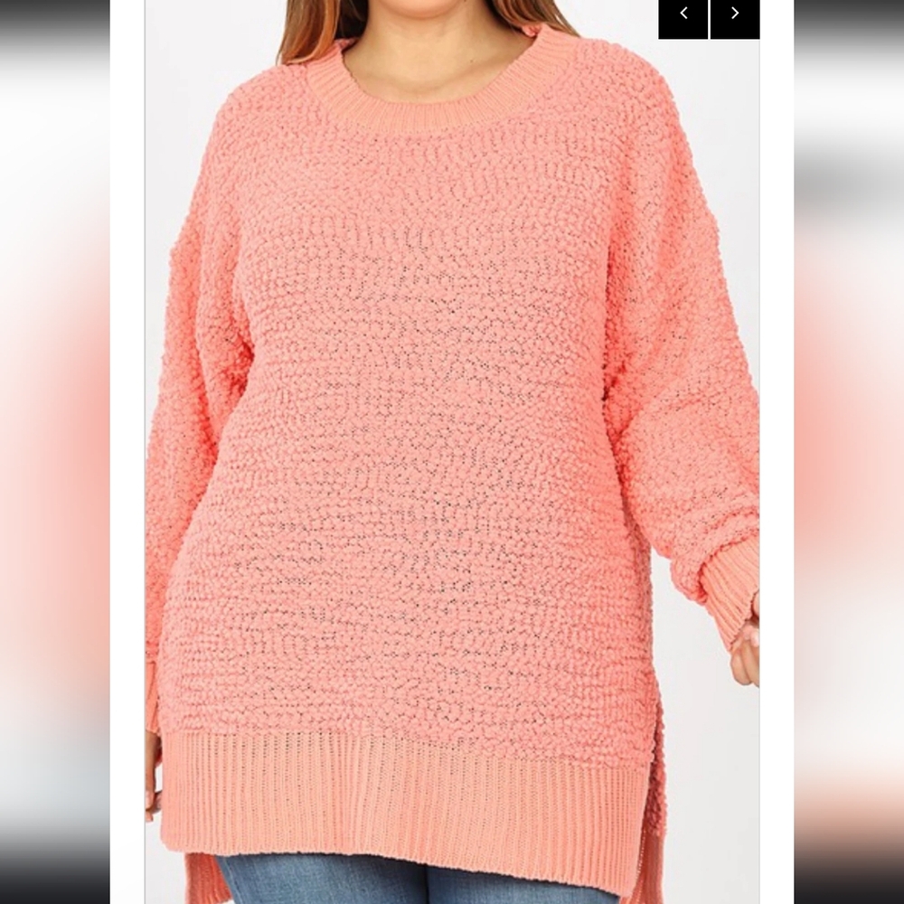 Zenana Outfitters Coral Pink Textured Crew Neck Sweater
